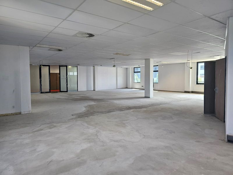 A large, open-plan office space featuring a suspended ceiling, recessed lighting, and structural columns, currently awaiting flooring installation and final finishes.