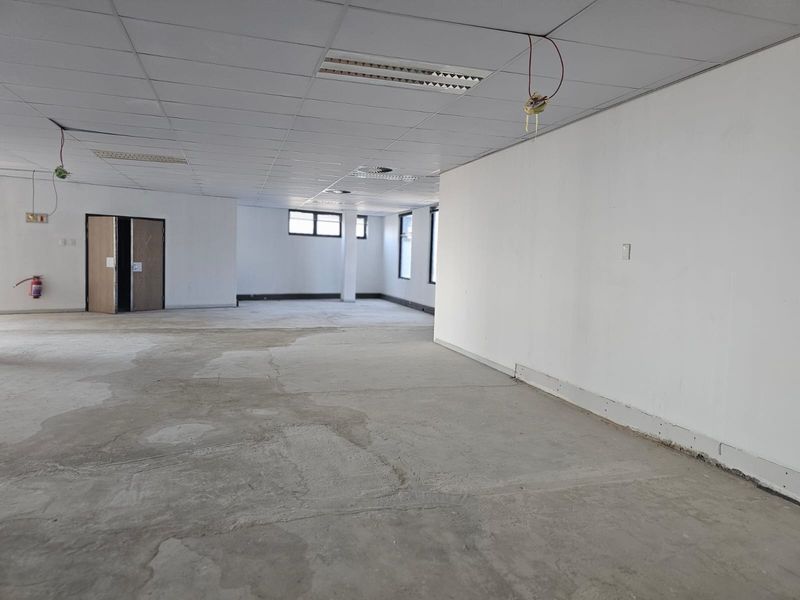 A large, open-plan office space featuring a suspended ceiling, recessed lighting, and unfinished concrete flooring, ready for custom fit-out.