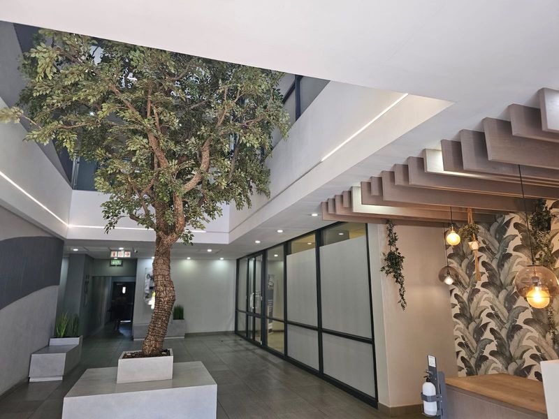 Modern office building entrance lobby featuring high ceilings, glass partitions, tiled flooring, and decorative timber ceiling accents with a central feature planter.