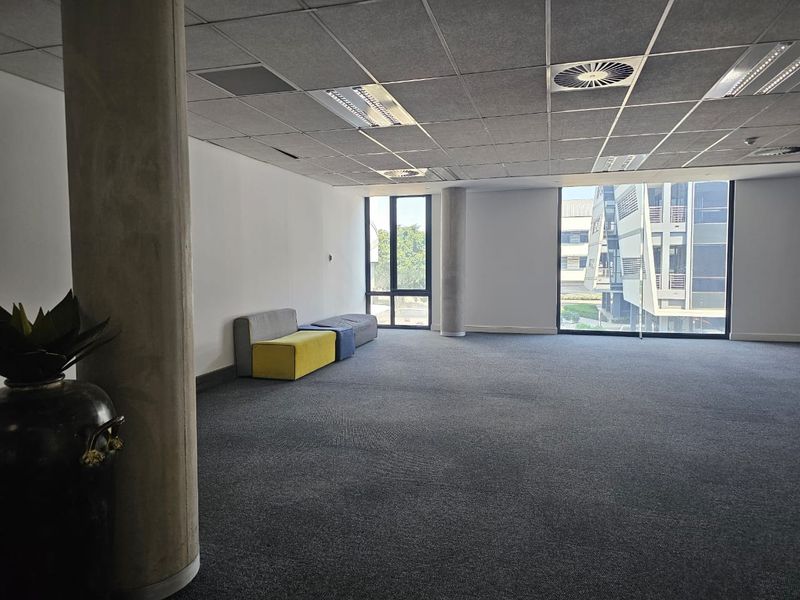 Spacious open-plan office area featuring large windows, concrete columns, and a suspended ceiling with integrated lighting.