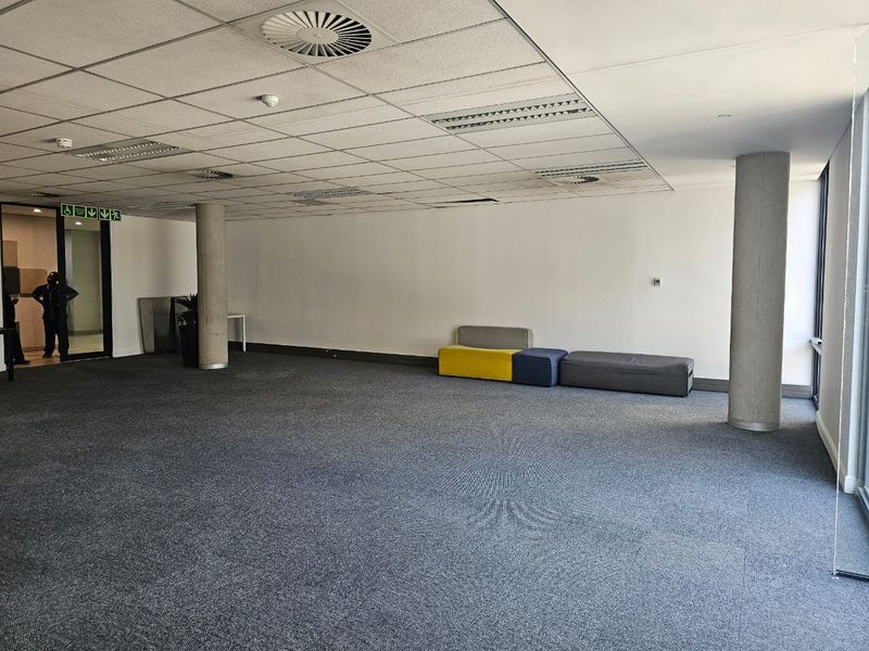 A spacious, open-plan office area featuring a suspended ceiling, recessed lighting, concrete structural columns, and carpeted flooring.