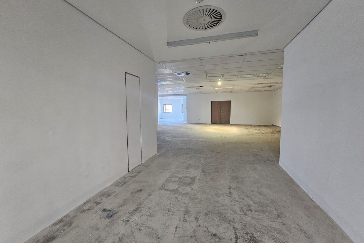 An expansive, vacant office space featuring a suspended ceiling, recessed lighting, and exposed concrete flooring, ready for custom fit-out.