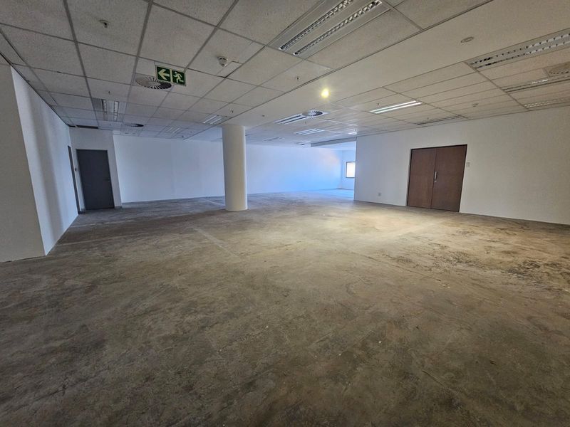 A large, open-plan office space featuring a suspended ceiling, recessed lighting, and an unfinished concrete floor, ready for custom flooring installation.