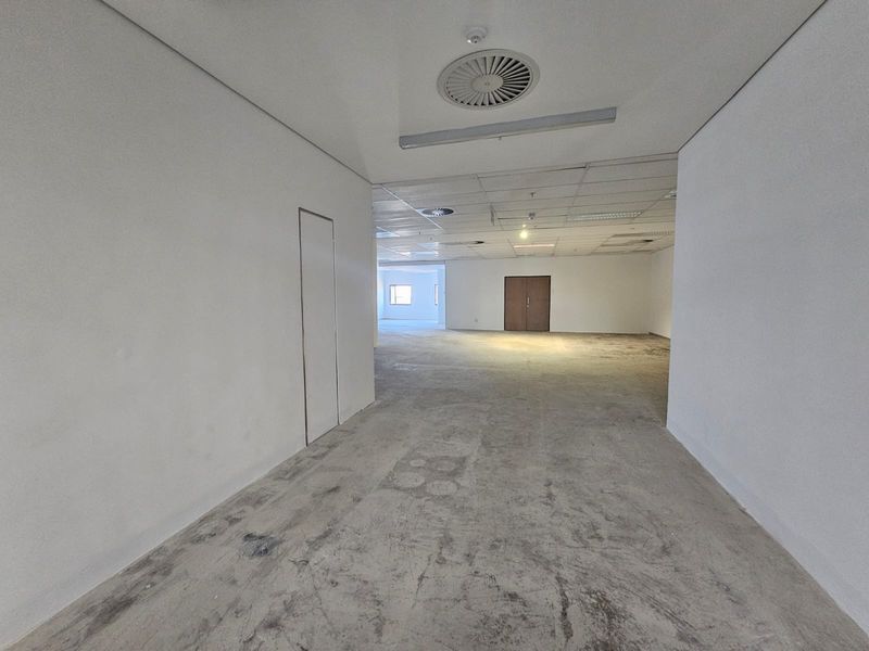 An expansive, vacant office space featuring a suspended ceiling, recessed lighting, and exposed concrete flooring, ready for custom fit-out.