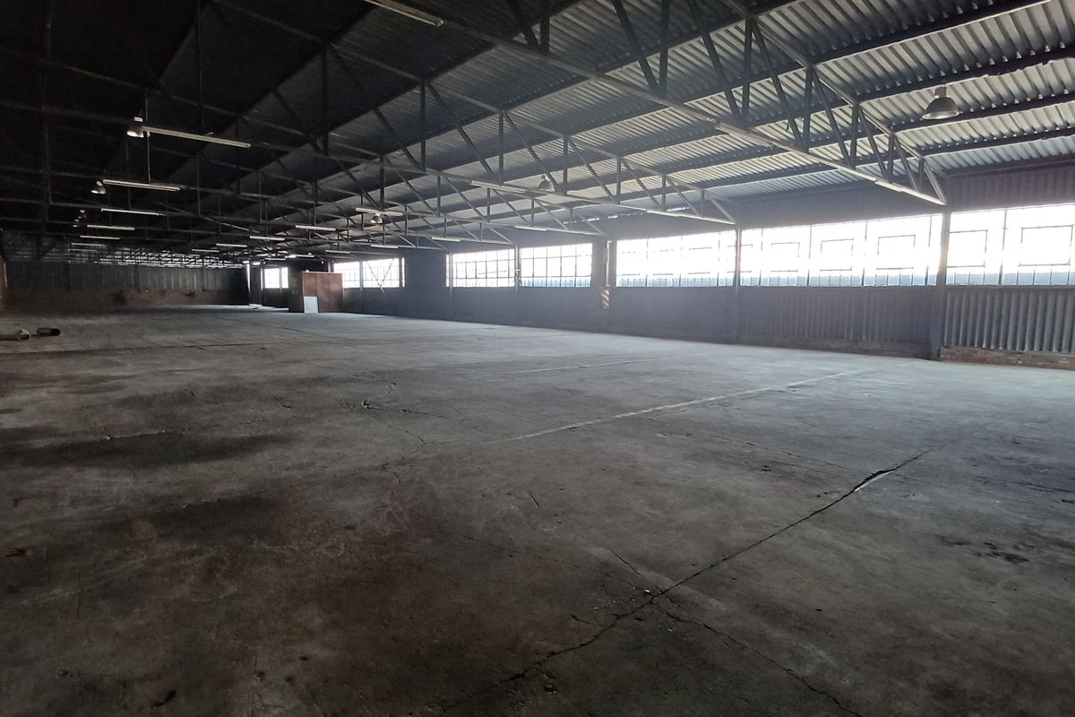 Expansive industrial warehouse space featuring high exposed steel trusses, concrete flooring, and large clerestory windows providing ample natural light.