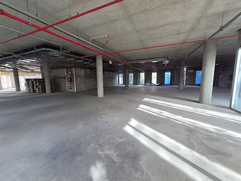 Expansive open-plan office space in shell condition, featuring exposed concrete ceilings, structural columns, and industrial fire suppression systems, ready for custom fit-out.