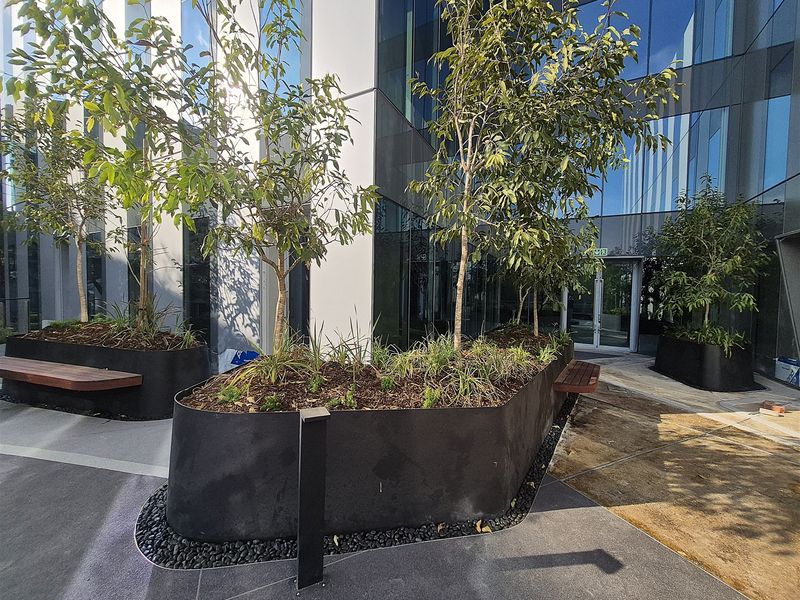 Modern office courtyard featuring contemporary metal planters with integrated timber seating and extensive glass facade elements.