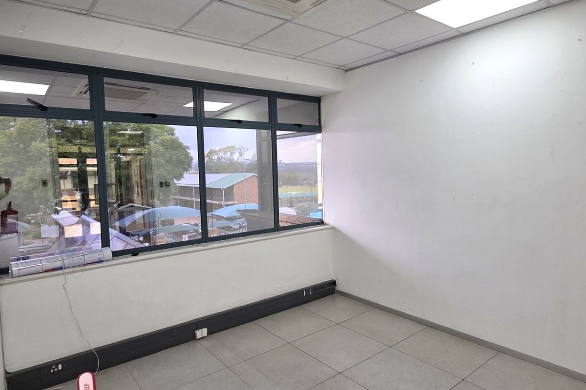A bright, empty office space featuring large aluminium-framed windows, tiled flooring, and a suspended ceiling with recessed lighting.