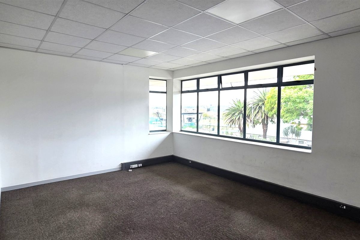 A vacant office space featuring a suspended ceiling, carpeted flooring, and large windows providing natural light and exterior views.
