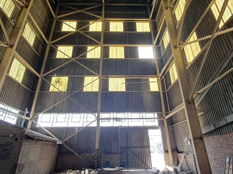 Expansive industrial utility space featuring a high-clearance steel portal frame, corrugated metal walls, and translucent panels providing natural overhead lighting.