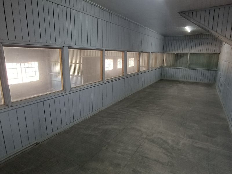 An empty, industrial-style utility space featuring timber wall paneling, concrete flooring, and a long row of fixed glass windows.