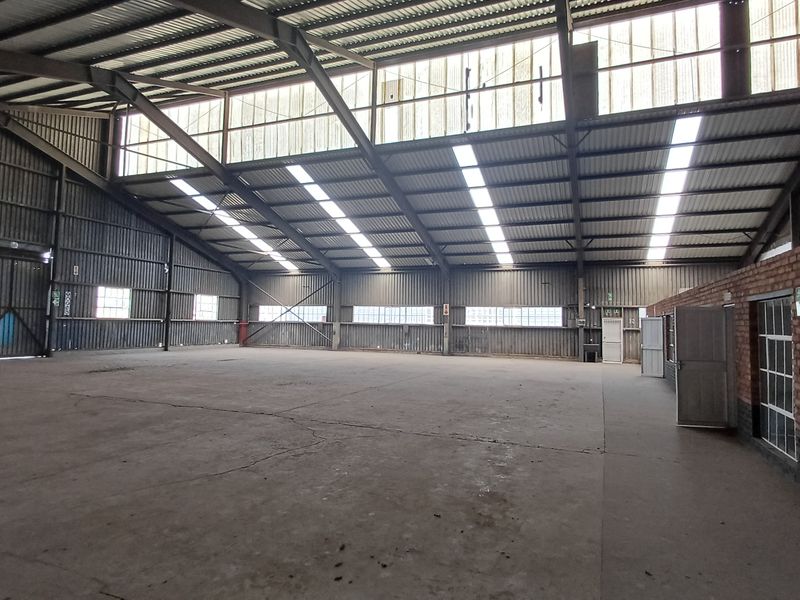 Spacious industrial warehouse featuring a steel portal frame, corrugated metal walls, translucent roof panels for natural light, and durable concrete flooring.