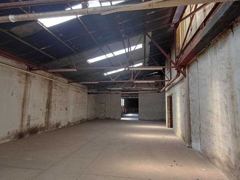 Expansive industrial utility space featuring high ceilings with exposed steel trusses, skylights, and durable concrete flooring, suitable for warehouse or workshop use.
