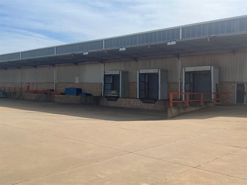Industrial warehouse exterior featuring multiple loading docks with roller shutter doors, dock levelers, and a spacious concrete yard for logistics operations.