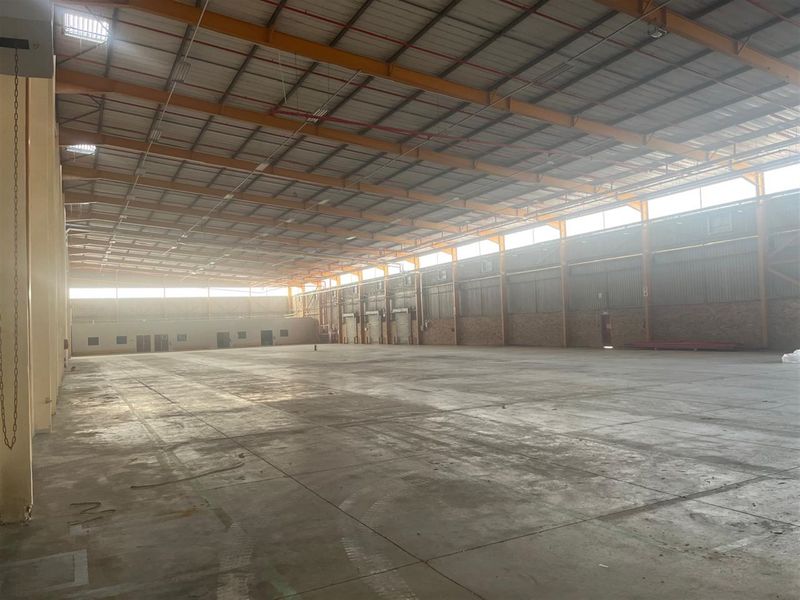 Expansive industrial warehouse space featuring high ceilings, exposed steel structure, concrete flooring, and multiple roller shutter doors for efficient logistics and storage operations.