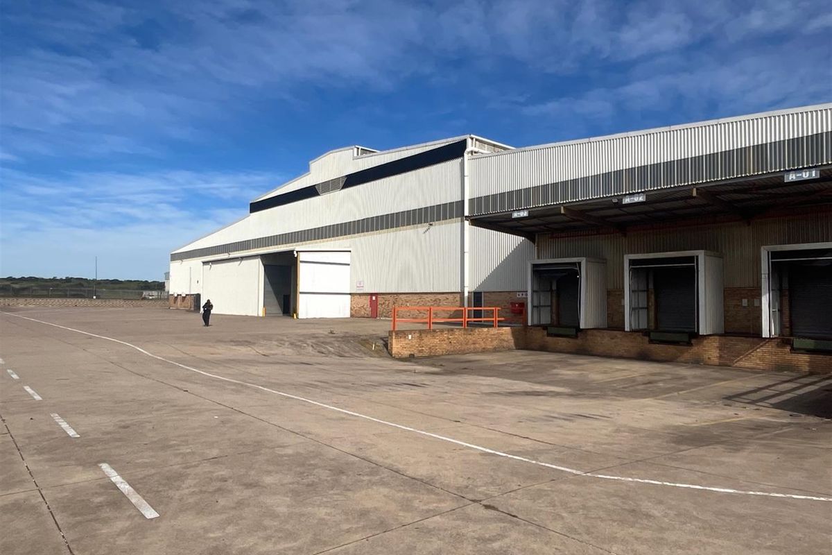 Industrial warehouse exterior featuring multiple loading docks with roller shutter doors and a large concrete yard area.