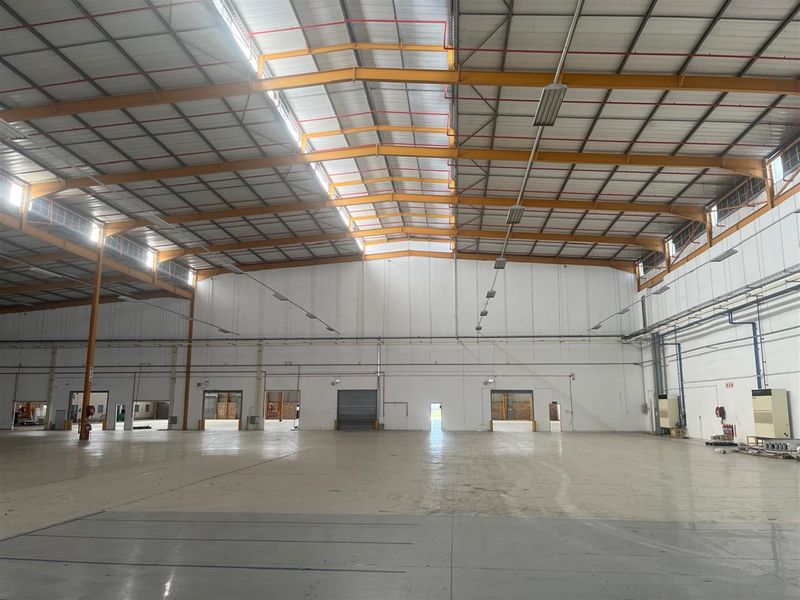 Spacious industrial warehouse featuring high ceilings, steel portal frame construction, concrete flooring, multiple roller shutter access points, and integrated fire sprinkler system.