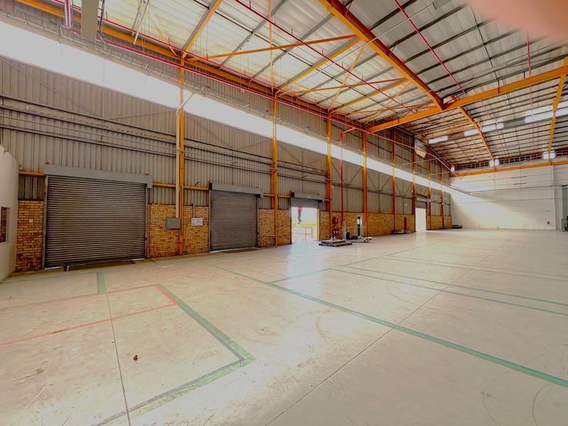 Spacious industrial warehouse featuring high ceilings with exposed steel trusses, concrete flooring, multiple roller shutter doors, and an integrated fire sprinkler system.