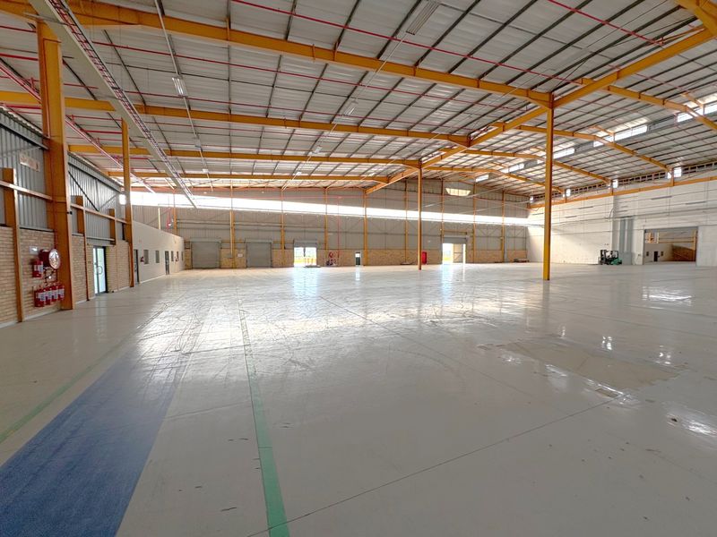 Spacious industrial warehouse featuring high ceilings with exposed steel trusses, fire sprinkler system, durable epoxy-coated flooring, and multiple roller shutter doors for efficient access.