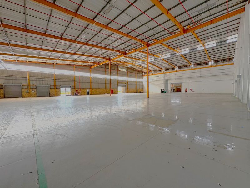 Spacious industrial warehouse featuring a high-clearance steel portal frame, polished epoxy flooring, multiple roller shutter access points, and an integrated fire sprinkler system.