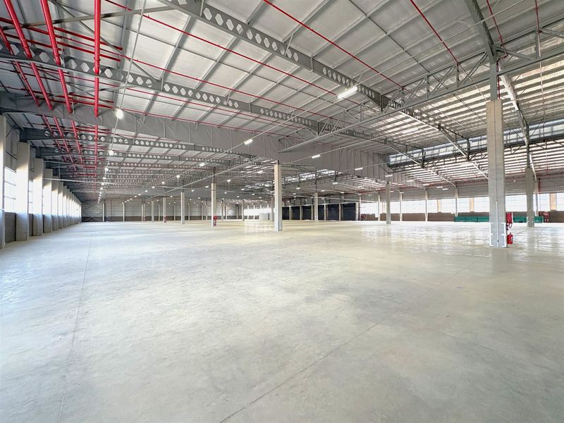 Expansive industrial warehouse space featuring high ceilings with exposed steel trusses, polished concrete flooring, and a comprehensive fire sprinkler system.