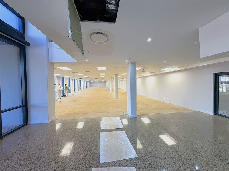 Spacious open-plan industrial office area featuring polished concrete floors, suspended ceilings with recessed lighting, and large windows providing ample natural light.