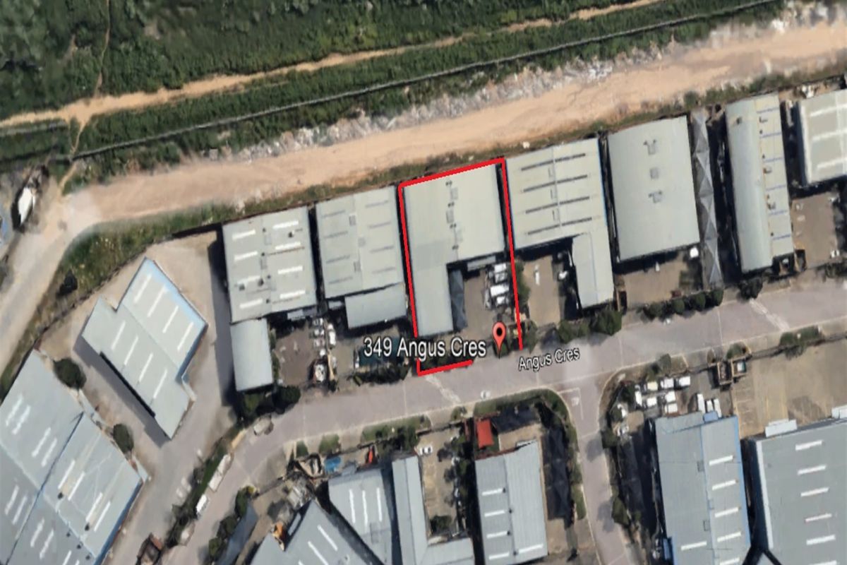 Aerial view of the industrial property located at 349 Angus Crescent, highlighting the building footprint and site boundaries.