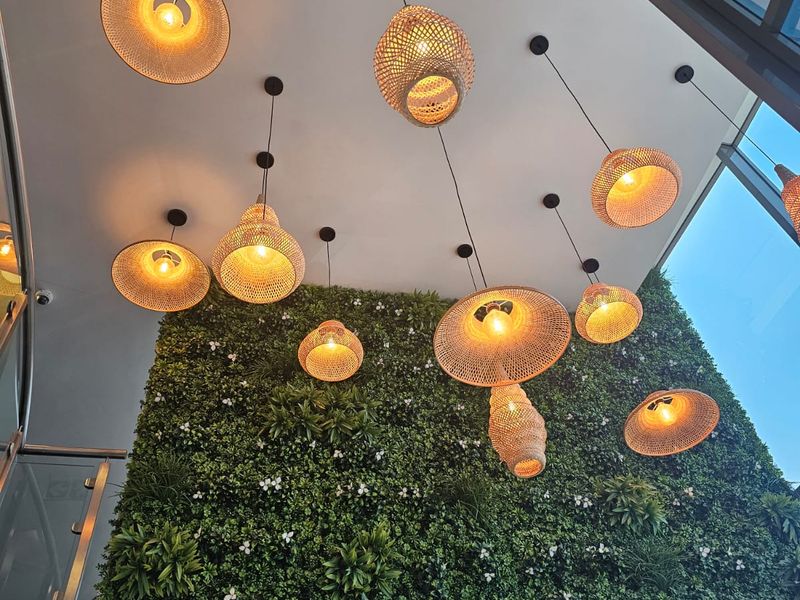 Modern office interior featuring a striking vertical green wall, decorative woven pendant lighting, and expansive glass windows providing natural light.