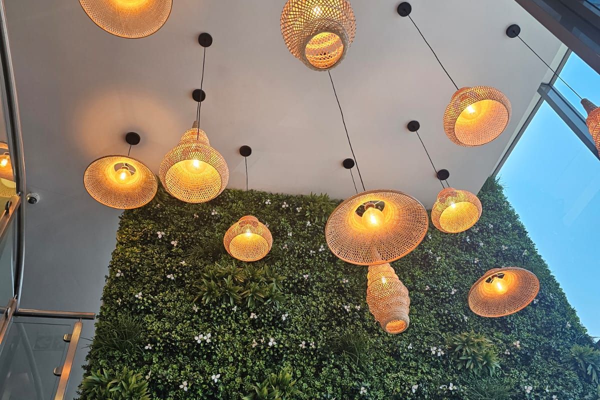 Modern office interior featuring a striking vertical green wall, decorative woven pendant lighting, and expansive glass windows providing natural light.