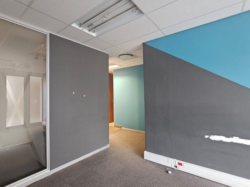 An empty office space featuring a glass partition, carpeted flooring, and a suspended ceiling with recessed lighting, showing some minor wall surface wear.