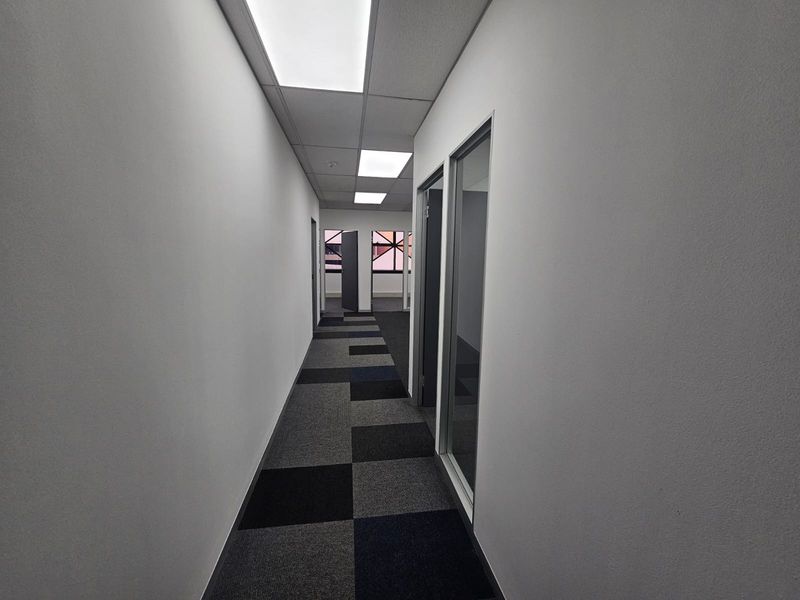 A clean, modern office hallway featuring neutral carpet tiles, suspended ceiling panels with recessed lighting, and glass-paneled office doors.