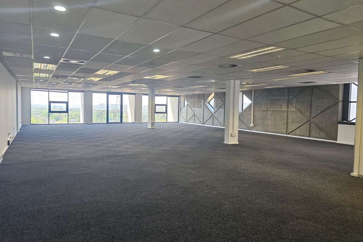 Spacious open-plan office area featuring large windows with natural light, carpeted flooring, suspended ceilings, and a modern exposed concrete feature wall.