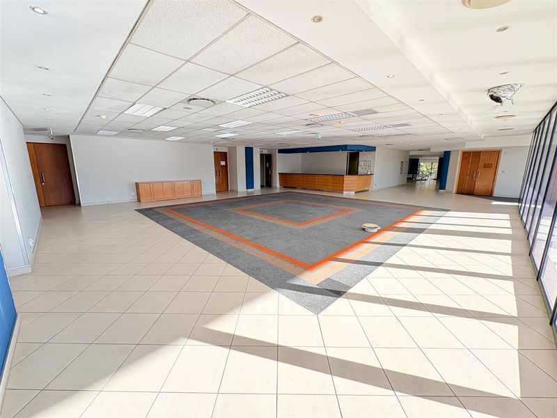 Spacious open-plan office area featuring a reception desk, built-in cabinetry, tiled flooring with carpet inlay, and large windows providing ample natural light.
