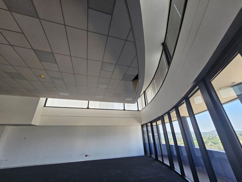 Spacious empty office area featuring a curved suspended ceiling, full-height glass curtain walls, and carpet flooring with expansive exterior views.