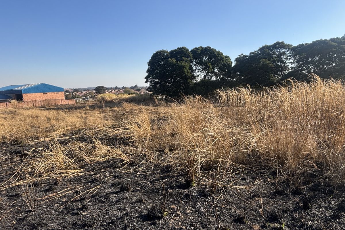 A view of a vacant commercial plot featuring dry, scorched vegetation and a perimeter wall in the background.