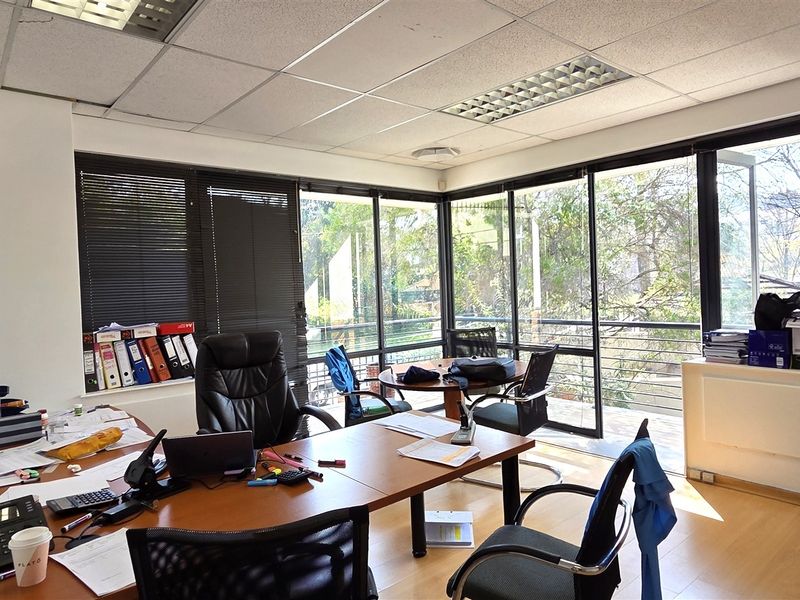 A bright office space featuring large floor-to-ceiling windows, laminate flooring, and a suspended ceiling with recessed lighting, offering a professional work environment.