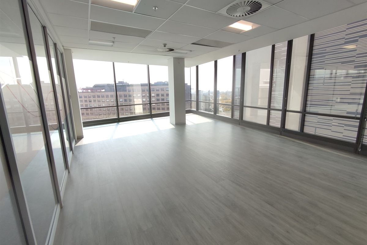 A bright, modern, empty office space featuring floor-to-ceiling windows, glass partitions, and a suspended ceiling with integrated lighting.