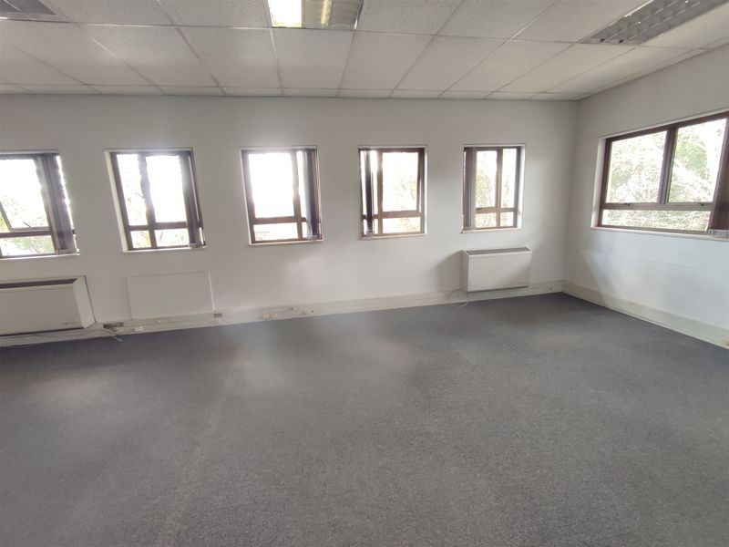 A spacious, empty office area featuring neutral walls, carpeted flooring, suspended ceilings with recessed lighting, and multiple windows providing natural light.