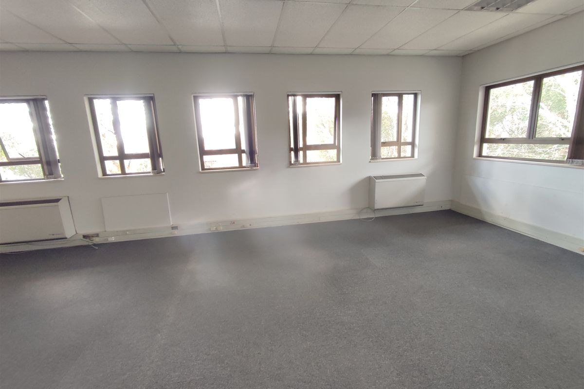 A spacious, empty office area featuring neutral walls, carpeted flooring, suspended ceilings with recessed lighting, and multiple windows providing natural light.