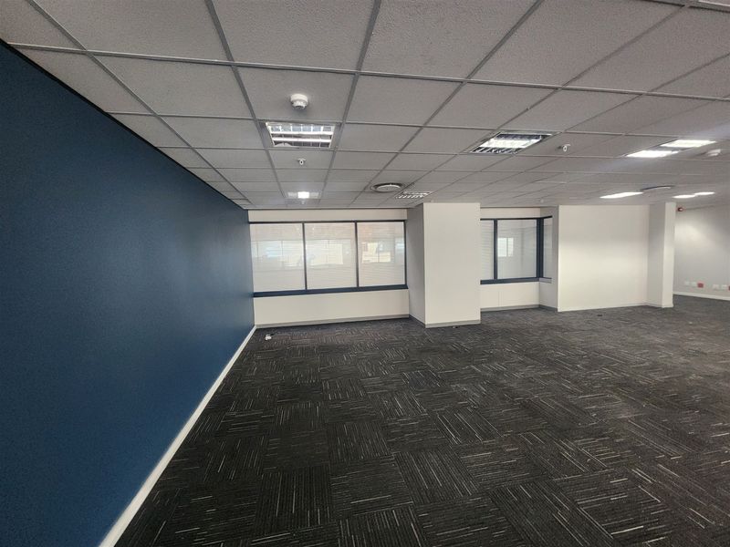 A spacious, vacant open-plan office area featuring modern carpet tiles, a suspended ceiling with recessed lighting, and large windows providing natural light.