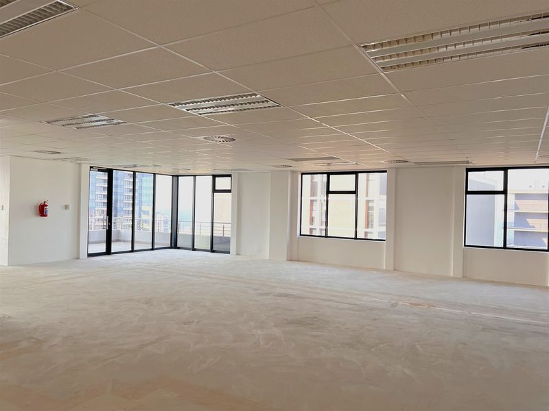Spacious open-plan office area featuring a suspended ceiling, recessed lighting, and large windows providing ample natural light and city views.