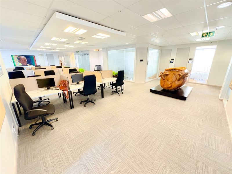 Modern open-plan office space featuring carpeted flooring, suspended ceilings with recessed lighting, and glass-partitioned private offices.
