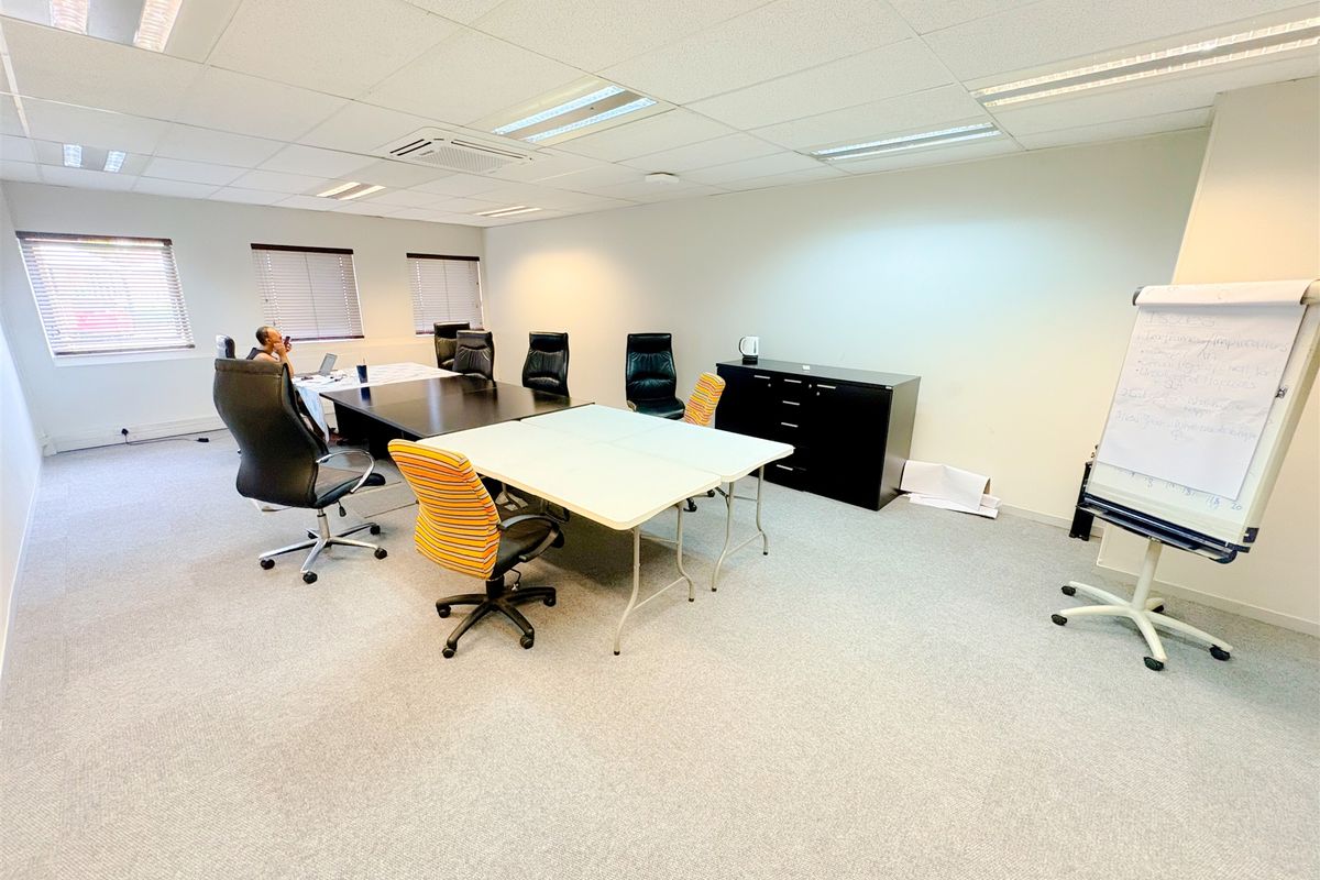 A functional office space featuring neutral carpeting, suspended ceiling tiles with recessed lighting, and multiple windows fitted with venetian blinds.