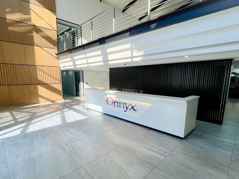Modern office reception area featuring a built-in desk, double-volume ceiling, mezzanine level with stainless steel balustrade, and high-quality timber and slatted wall finishes.