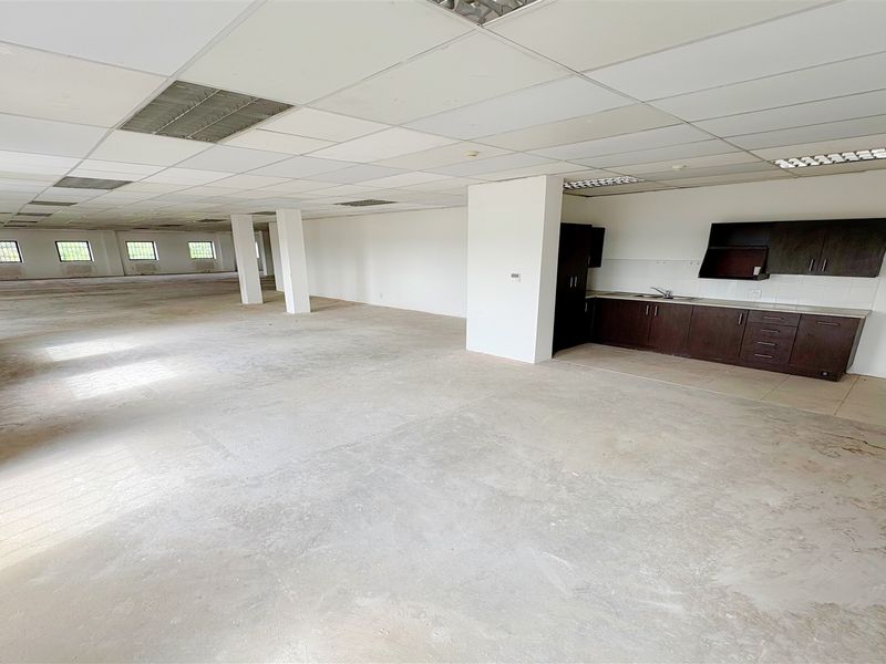 Spacious open-plan office area featuring a suspended ceiling, recessed lighting, and a built-in kitchenette with dark cabinetry.