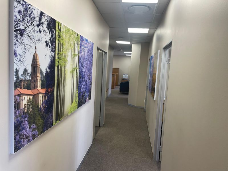 A functional office hallway featuring carpeted flooring, recessed ceiling lighting, and multiple doorways leading to individual office spaces.