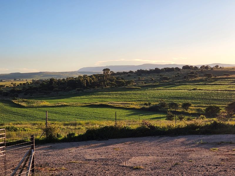 A scenic view overlooking expansive green farmland and rolling hills under a clear sky, featuring a gravel foreground and wire fencing.