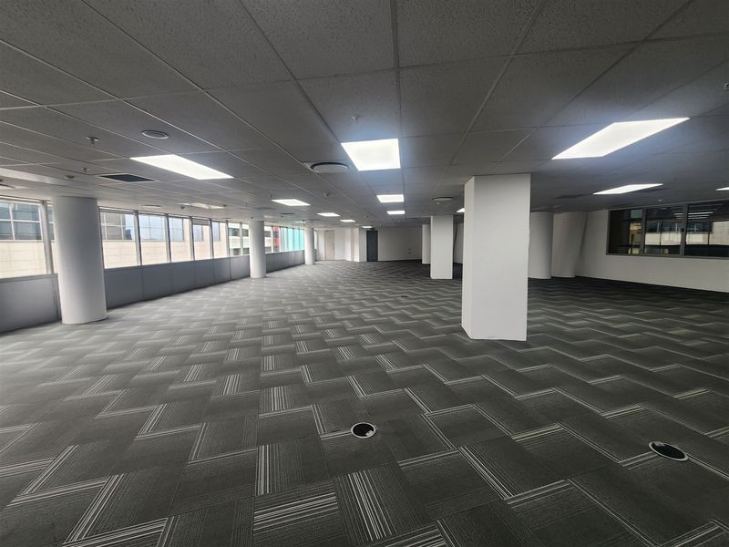 Spacious open-plan office area featuring a suspended ceiling, recessed lighting, carpet tiles, and large windows providing ample natural light.