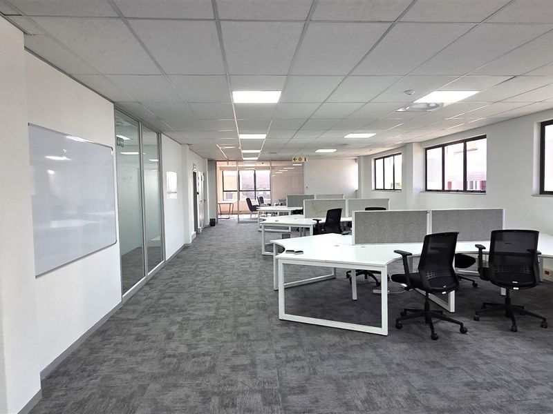A spacious, well-lit open-plan office area featuring modern carpet flooring, suspended ceilings with recessed lighting, and glass partitions for a professional workspace environment.