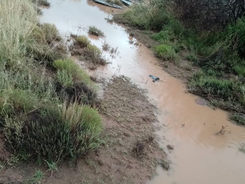 A natural landscape view on the farm property featuring a flowing stream and rocky terrain.